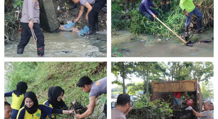 Polresta Deli Serdang Bersihkan Sampah di Sungai Malinda