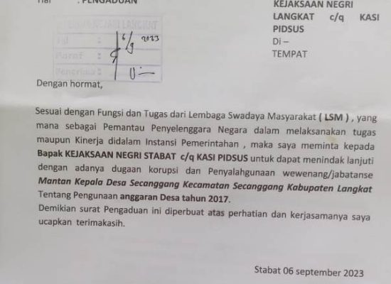 Terkait Laporan Pengaduan LSM  Kejari Langkat Didesak Periksa Mantan Kades Secanggang