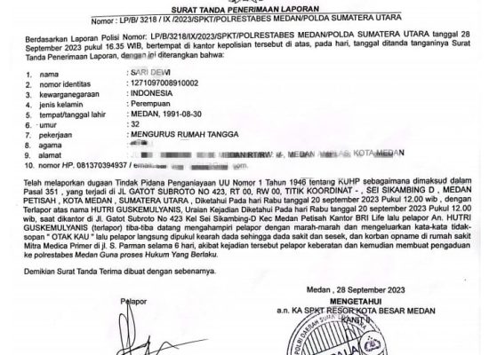 Kepolisian Diminta Proses Pimpinan BRI Life Sumut Atas Dugaan Tindak Pidana Penganiayaan