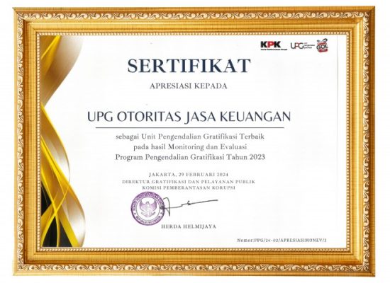 OJK Raih Penghargaan Pengendalian Gratifikasi Terbaik Nasional