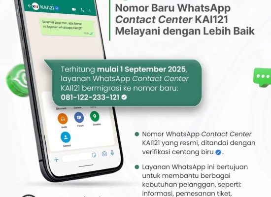 KAI Sumut Umumkan Perubahan Nomor WhatsApp Contact Center KAI121 Mulai 1 September 2025